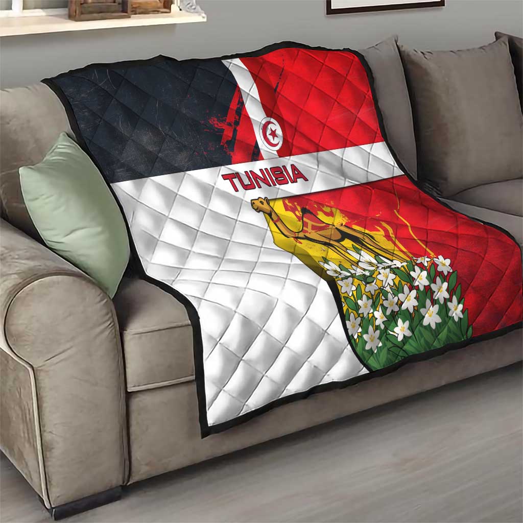 Tunisia Quilt with Camel, Jasmine Flowers, and National Flag Design