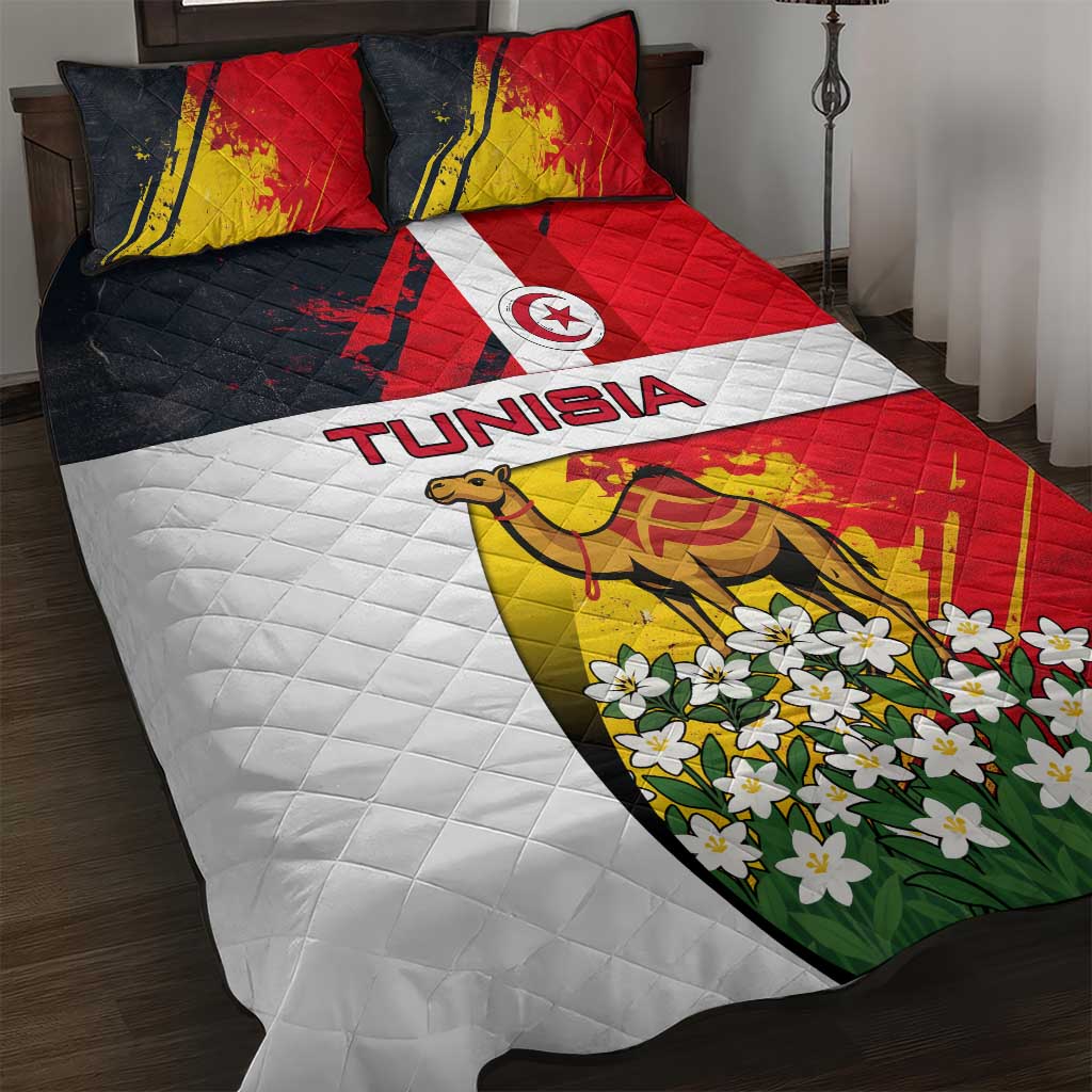 Tunisia Quilt Bed Set with Camel, Jasmine Flowers, and National Flag Design