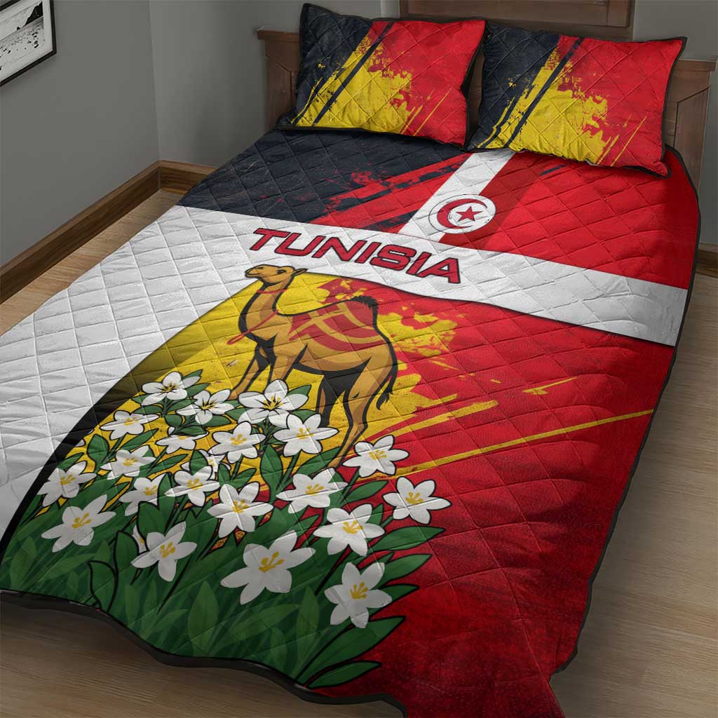 Tunisia Quilt Bed Set with Camel, Jasmine Flowers, and National Flag Design
