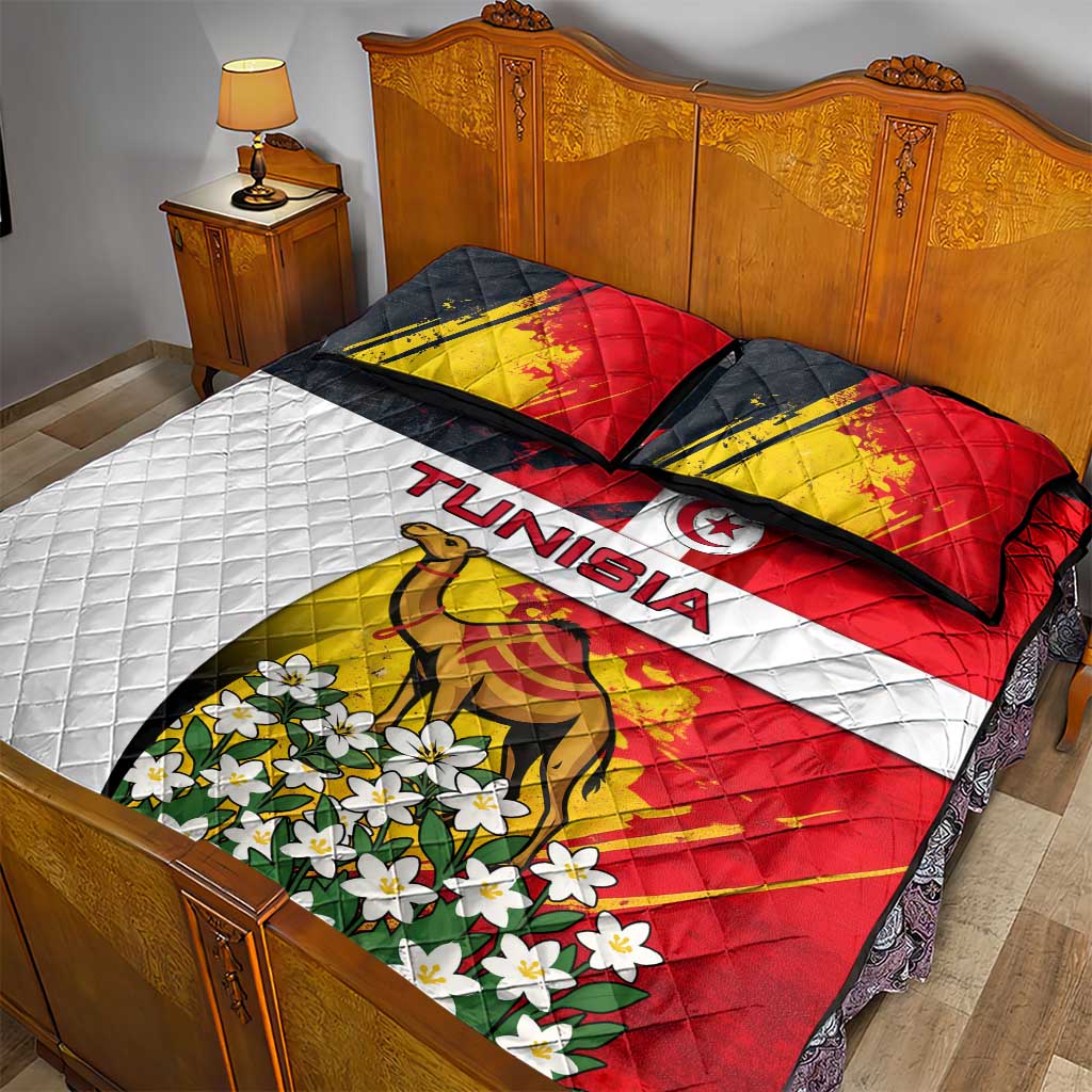 Tunisia Quilt Bed Set with Camel, Jasmine Flowers, and National Flag Design