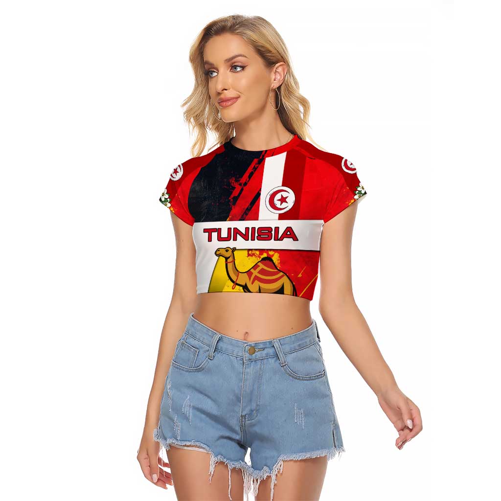 Tunisia Raglan Cropped T Shirt with Camel, Jasmine Flowers, and National Flag Design