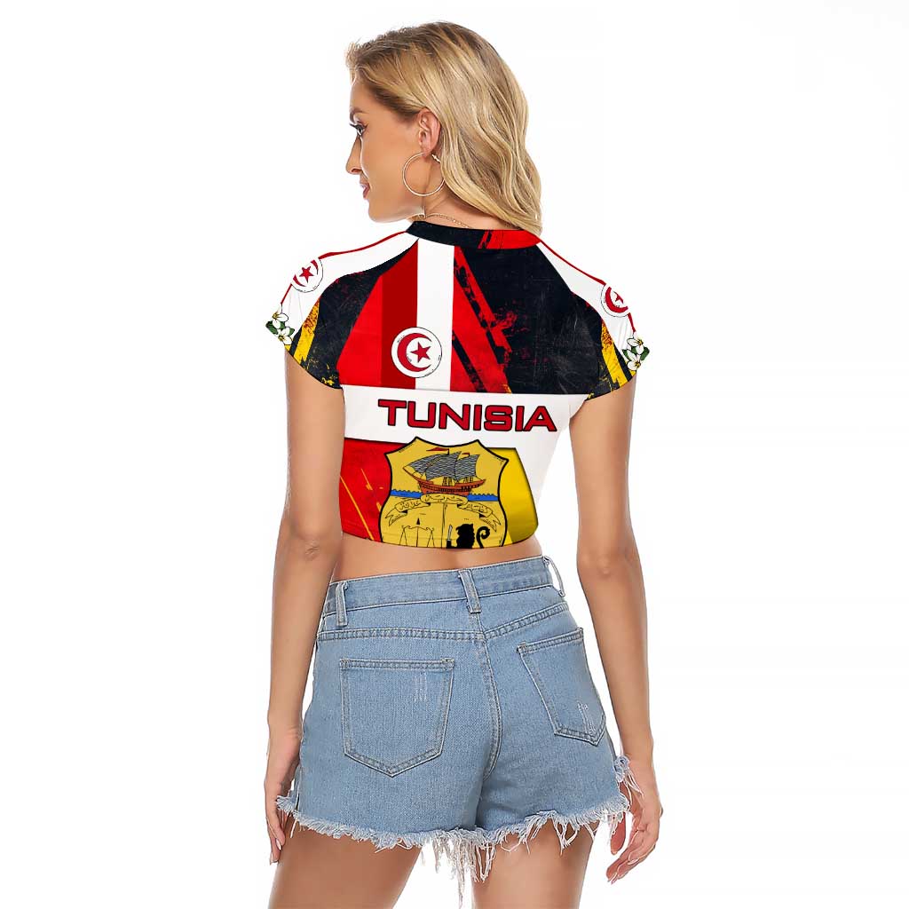 Tunisia Raglan Cropped T Shirt with Camel, Jasmine Flowers, and National Flag Design