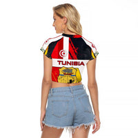 Tunisia Raglan Cropped T Shirt with Camel, Jasmine Flowers, and National Flag Design