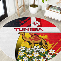 Tunisia Round Carpet with Camel, Jasmine Flowers, and National Flag Design