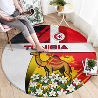 Tunisia Round Carpet with Camel, Jasmine Flowers, and National Flag Design