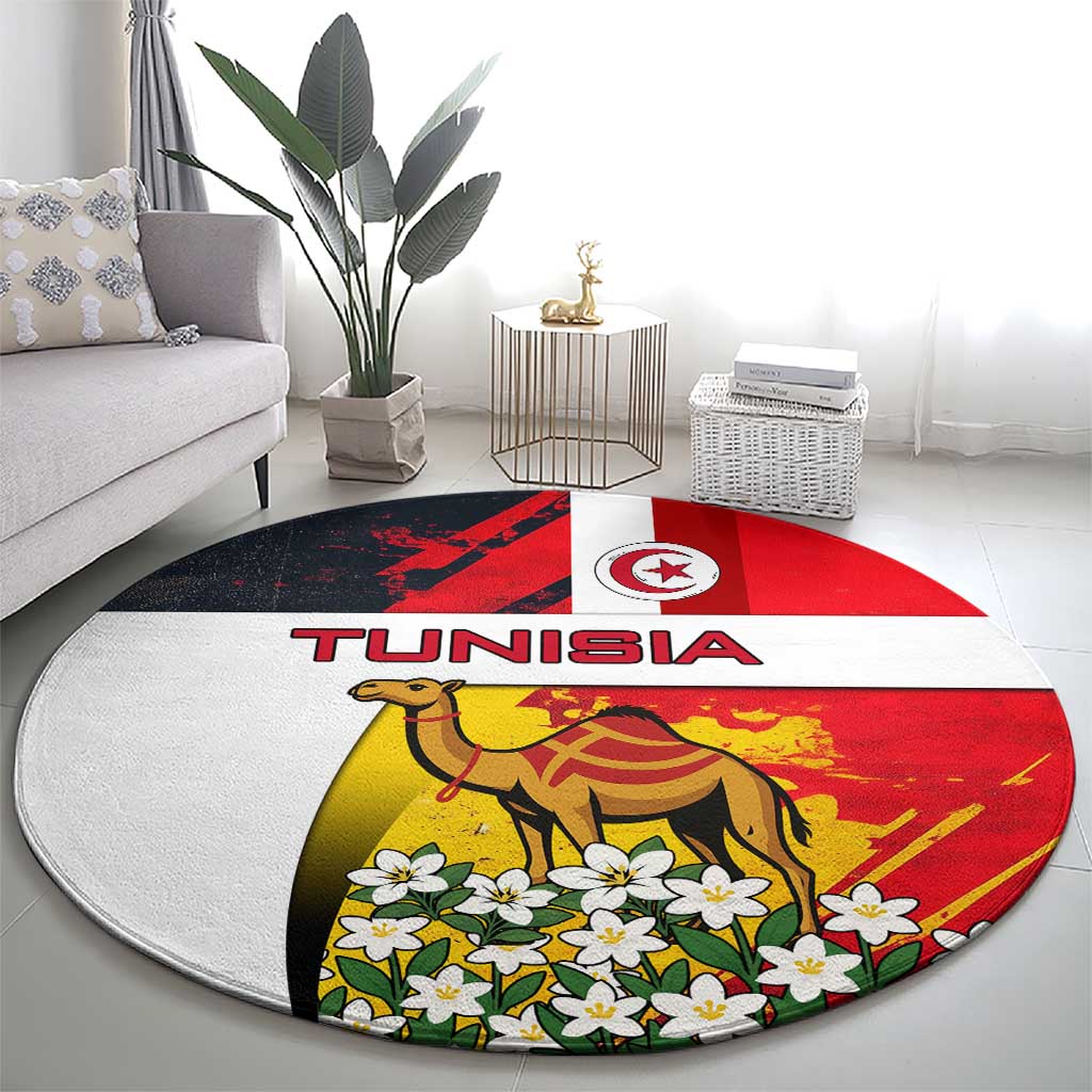 Tunisia Round Carpet with Camel, Jasmine Flowers, and National Flag Design