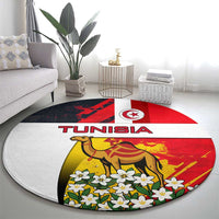Tunisia Round Carpet with Camel, Jasmine Flowers, and National Flag Design