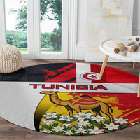 Tunisia Round Carpet with Camel, Jasmine Flowers, and National Flag Design