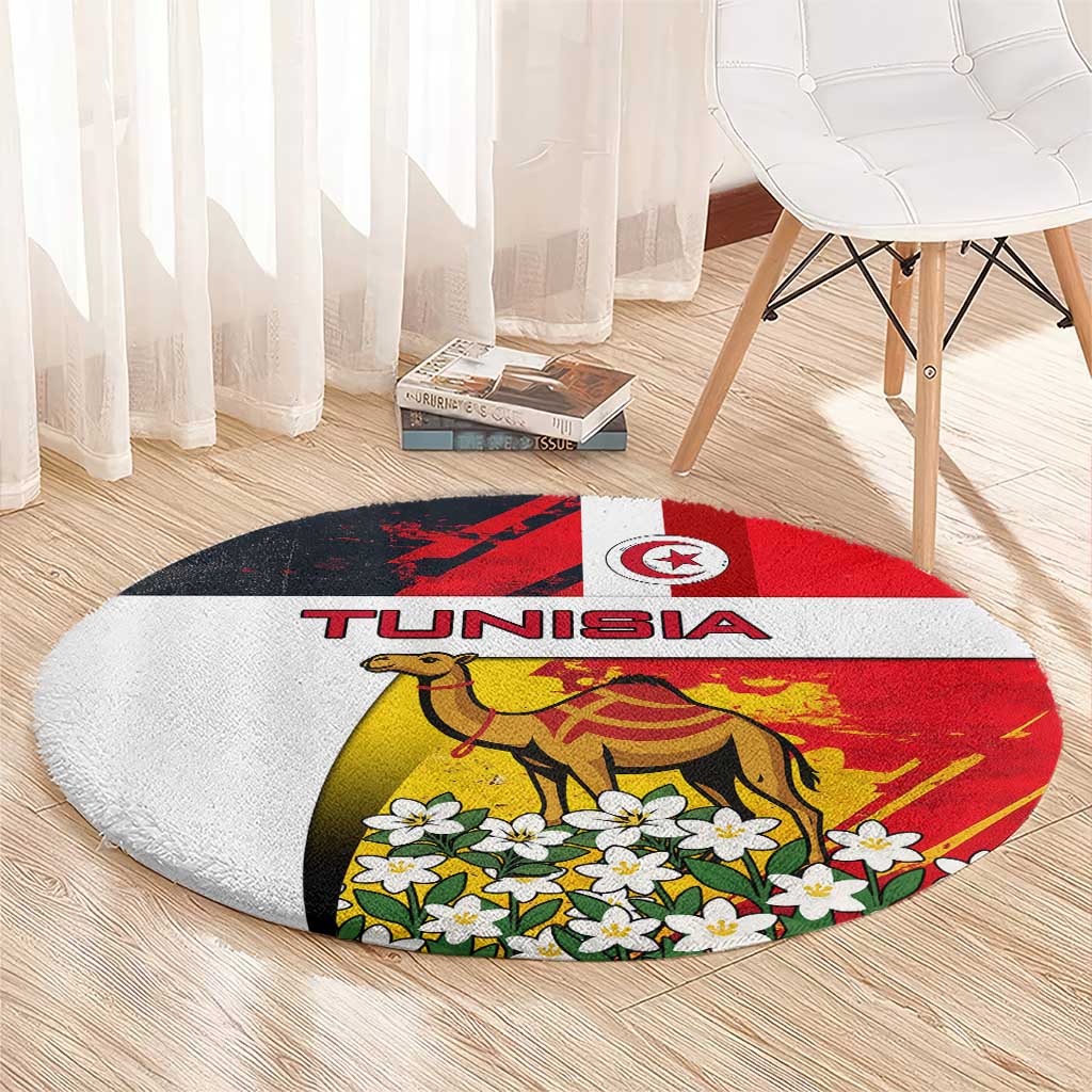 Tunisia Round Carpet with Camel, Jasmine Flowers, and National Flag Design