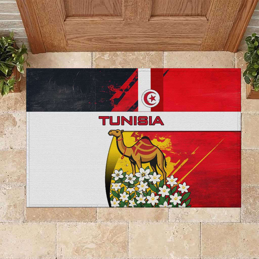 Tunisia Rubber Doormat with Camel, Jasmine Flowers, and National Flag Design