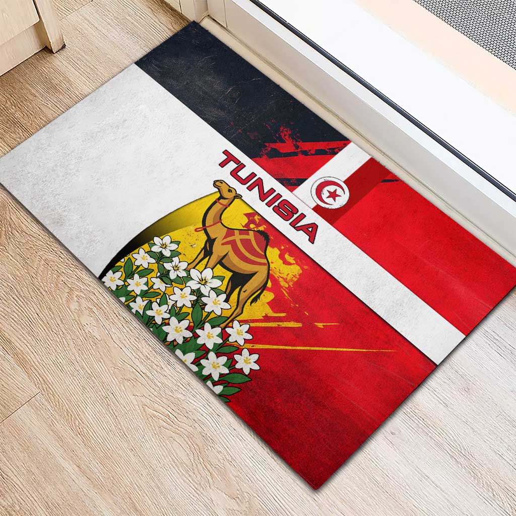 Tunisia Rubber Doormat with Camel, Jasmine Flowers, and National Flag Design