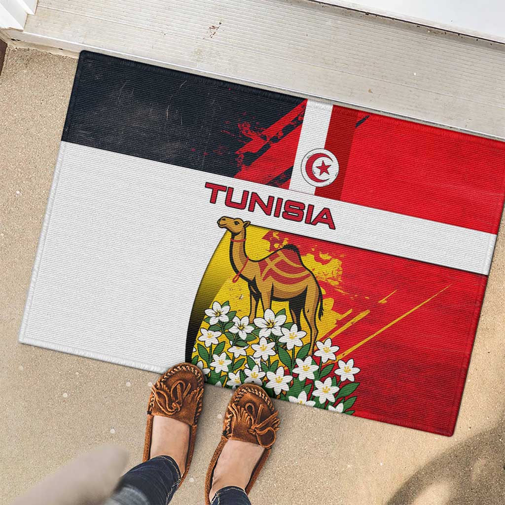 Tunisia Rubber Doormat with Camel, Jasmine Flowers, and National Flag Design