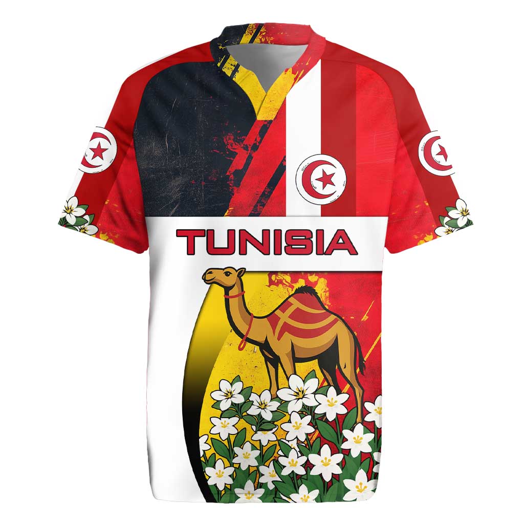 Tunisia Rugby Jersey with Camel, Jasmine Flowers, and National Flag Design