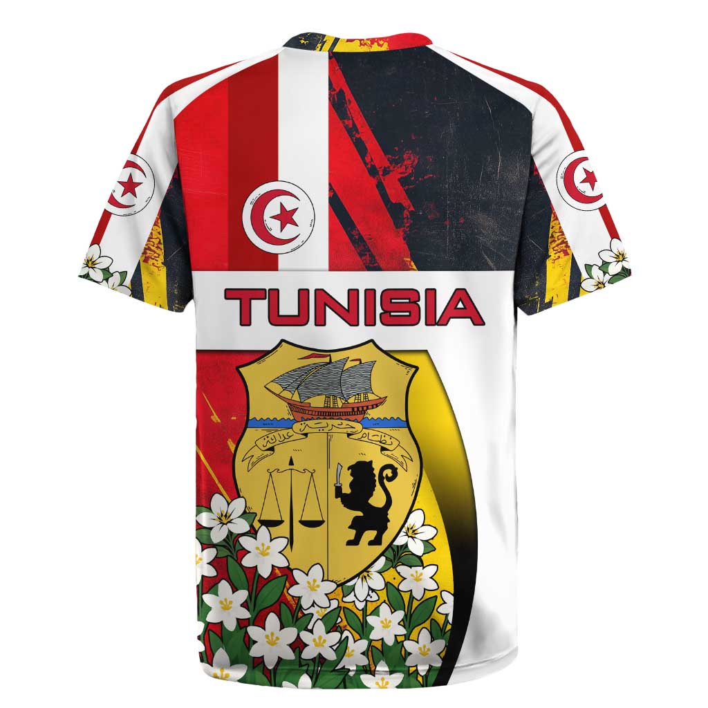 Tunisia Rugby Jersey with Camel, Jasmine Flowers, and National Flag Design