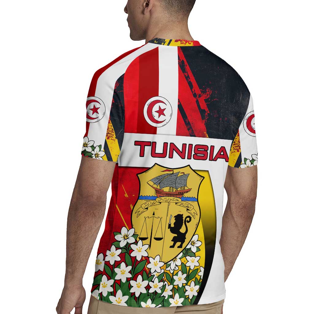 Tunisia Rugby Jersey with Camel, Jasmine Flowers, and National Flag Design