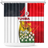 Tunisia Shower Curtain with Camel, Jasmine Flowers, and National Flag Design