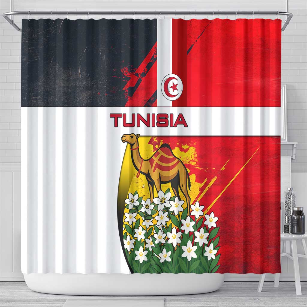 Tunisia Shower Curtain with Camel, Jasmine Flowers, and National Flag Design