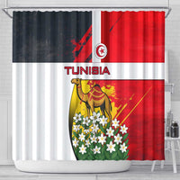 Tunisia Shower Curtain with Camel, Jasmine Flowers, and National Flag Design