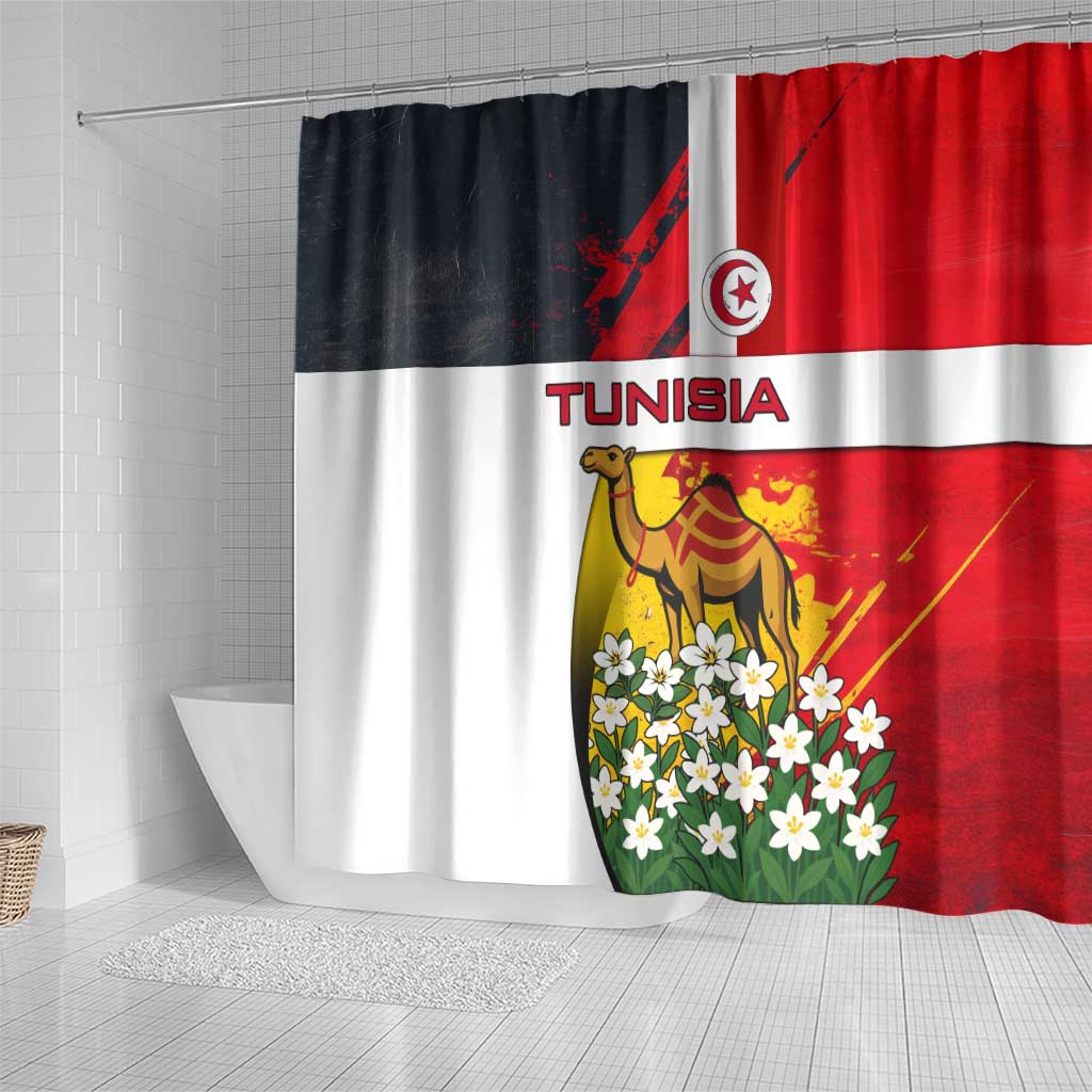 Tunisia Shower Curtain with Camel, Jasmine Flowers, and National Flag Design