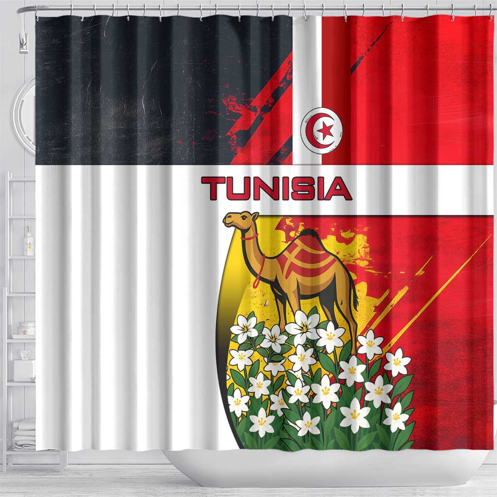 Tunisia Shower Curtain with Camel, Jasmine Flowers, and National Flag Design