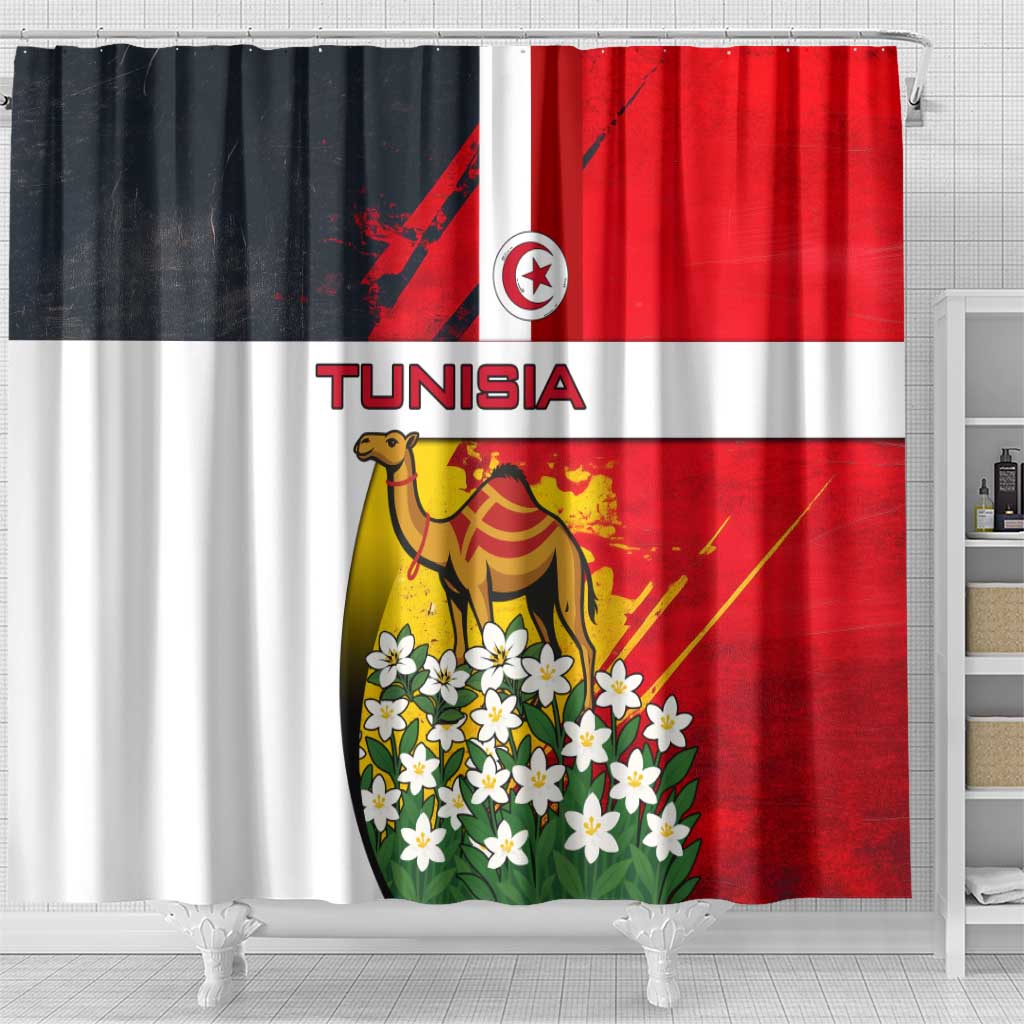 Tunisia Shower Curtain with Camel, Jasmine Flowers, and National Flag Design