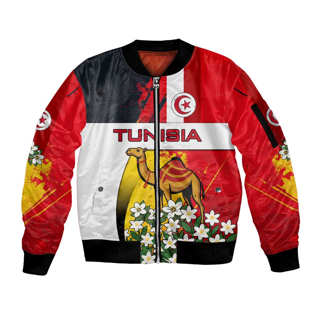 Tunisia Sleeve Zip Bomber Jacket with Camel, Jasmine Flowers, and National Flag Design