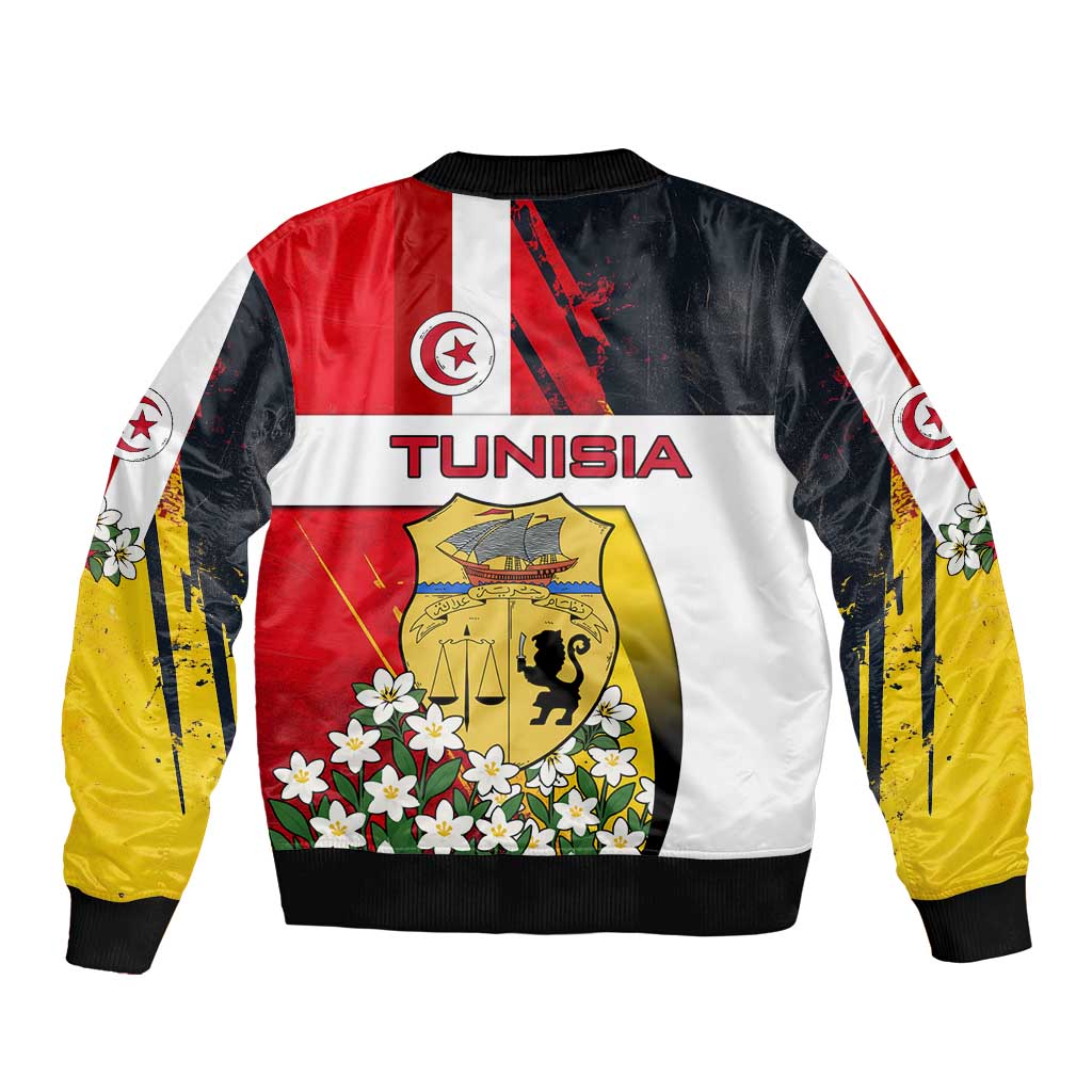 Tunisia Sleeve Zip Bomber Jacket with Camel, Jasmine Flowers, and National Flag Design