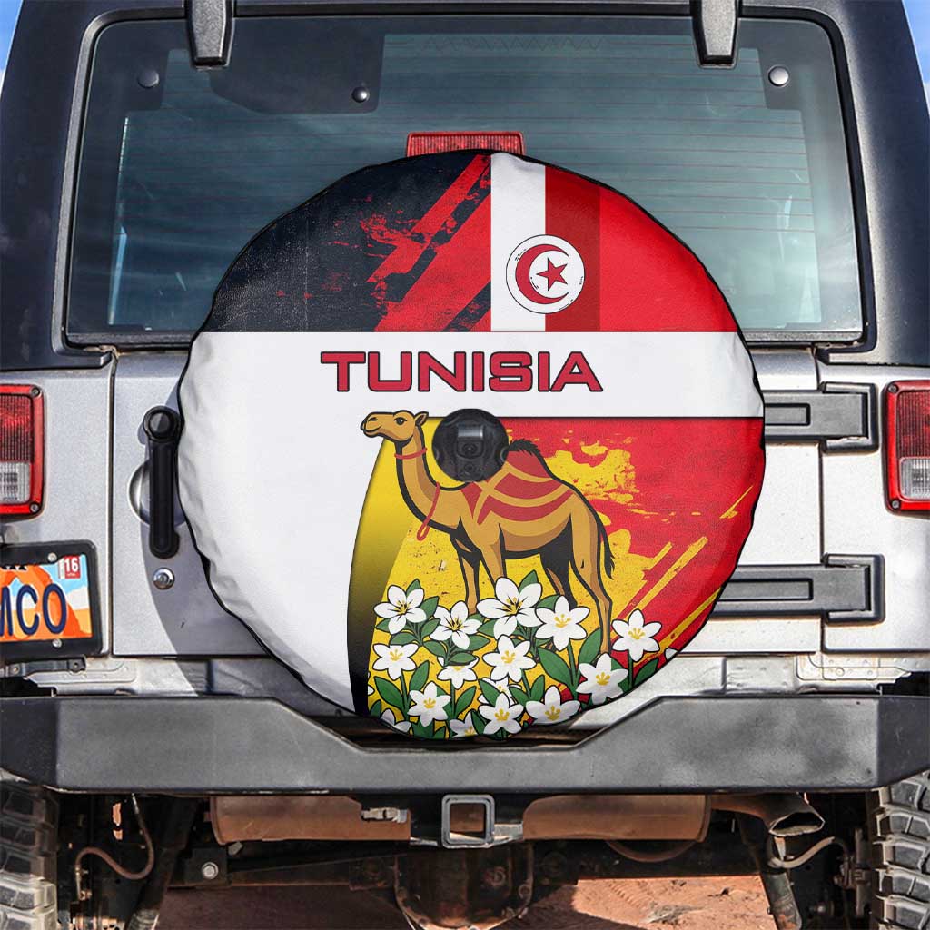 Tunisia Spare Tire Cover with Camel, Jasmine Flowers, and National Flag Design