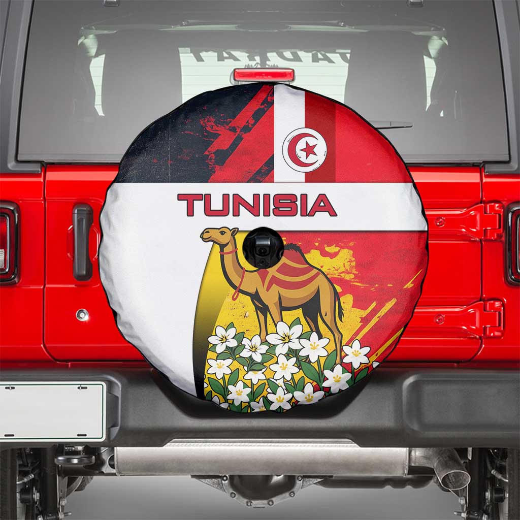 Tunisia Spare Tire Cover with Camel, Jasmine Flowers, and National Flag Design