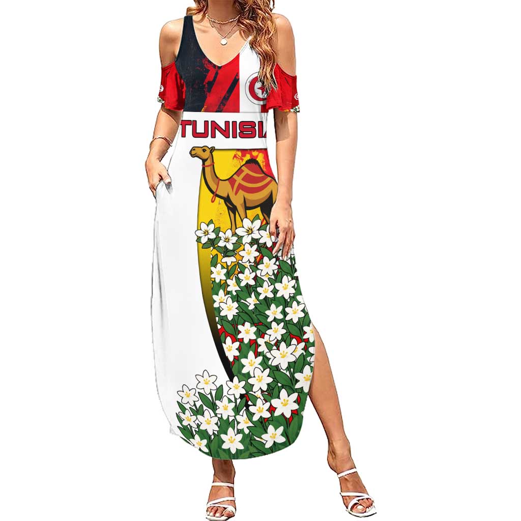 Tunisia Summer Maxi Dress with Camel, Jasmine Flowers, and National Flag Design