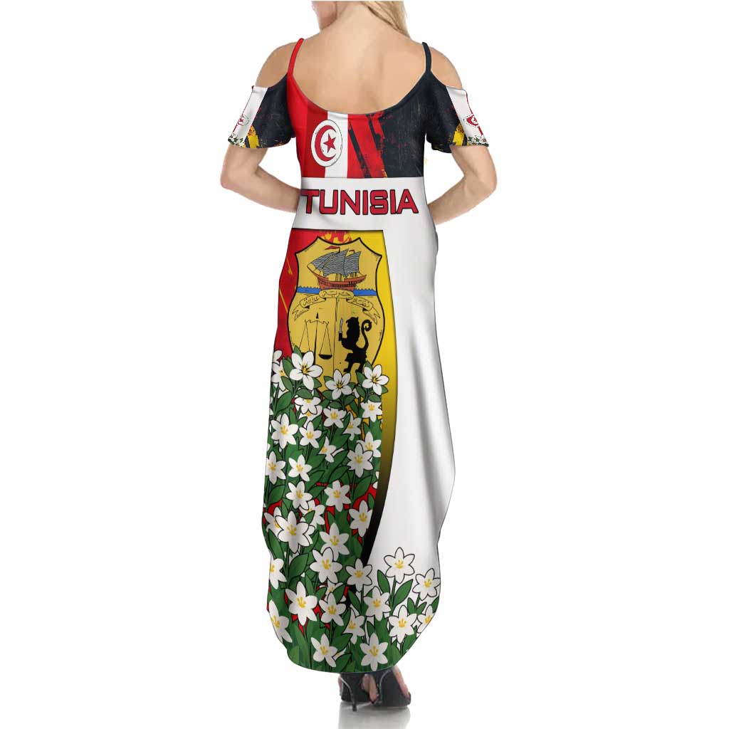 Tunisia Summer Maxi Dress with Camel, Jasmine Flowers, and National Flag Design
