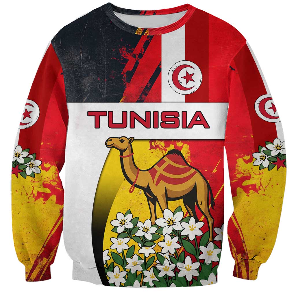 Tunisia Sweatshirt with Camel, Jasmine Flowers, and National Flag Design