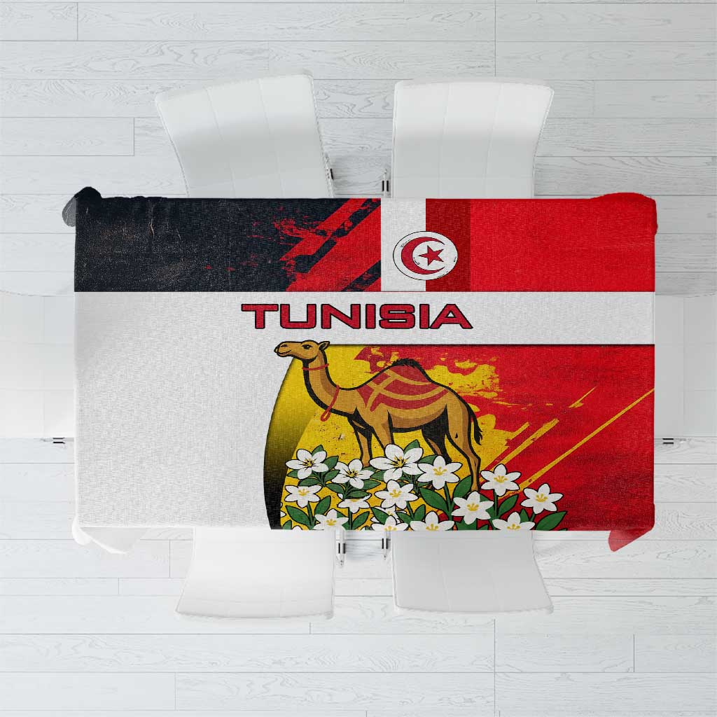 Tunisia Tablecloth with Camel, Jasmine Flowers, and National Flag Design