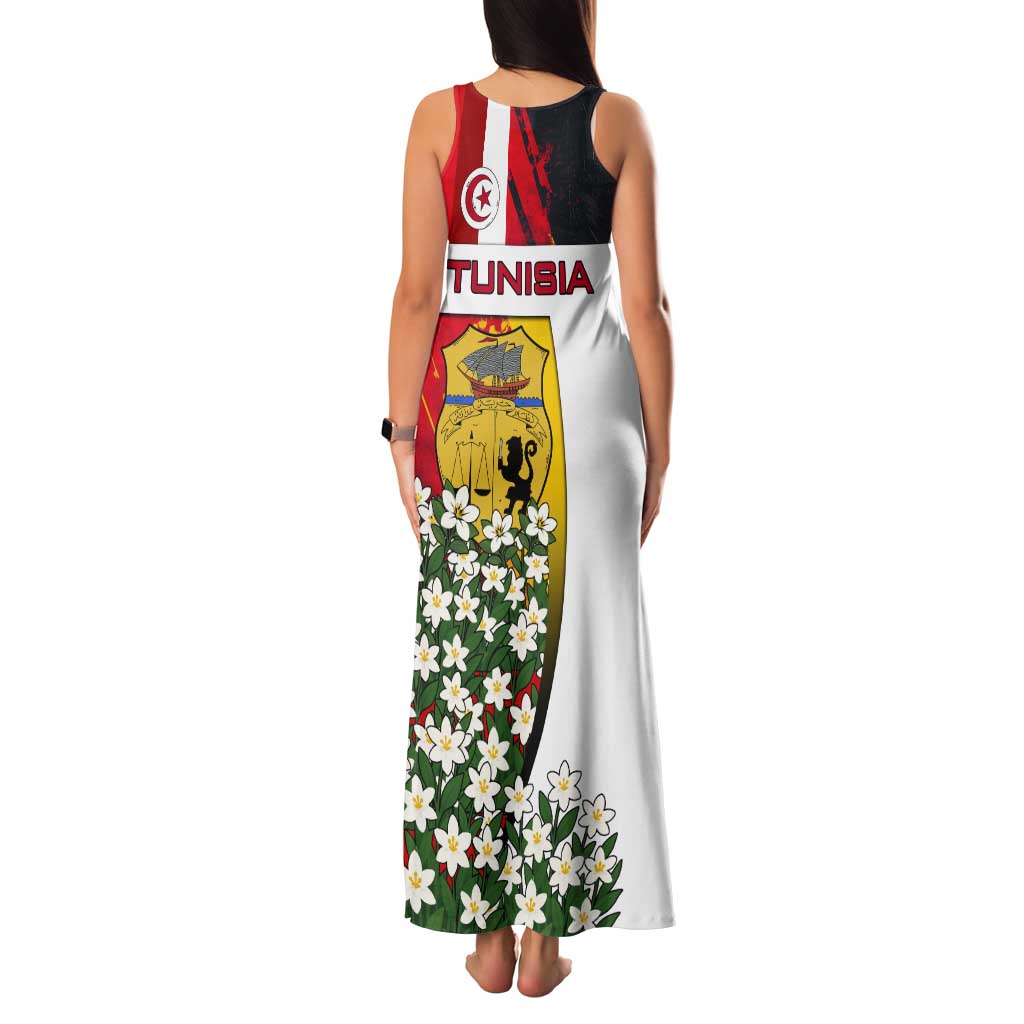 Tunisia Tank Maxi Dress with Camel, Jasmine Flowers, and National Flag Design