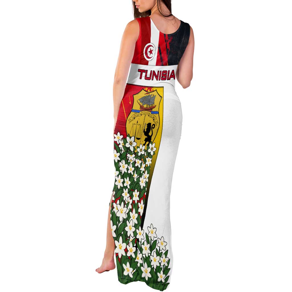 Tunisia Tank Maxi Dress with Camel, Jasmine Flowers, and National Flag Design