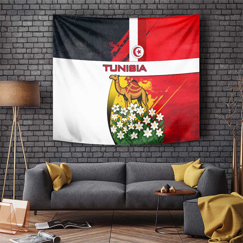 Tunisia Tapestry with Camel, Jasmine Flowers, and National Flag Design
