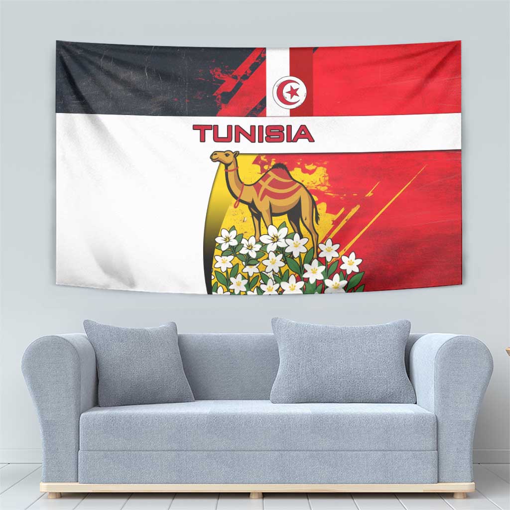 Tunisia Tapestry with Camel, Jasmine Flowers, and National Flag Design