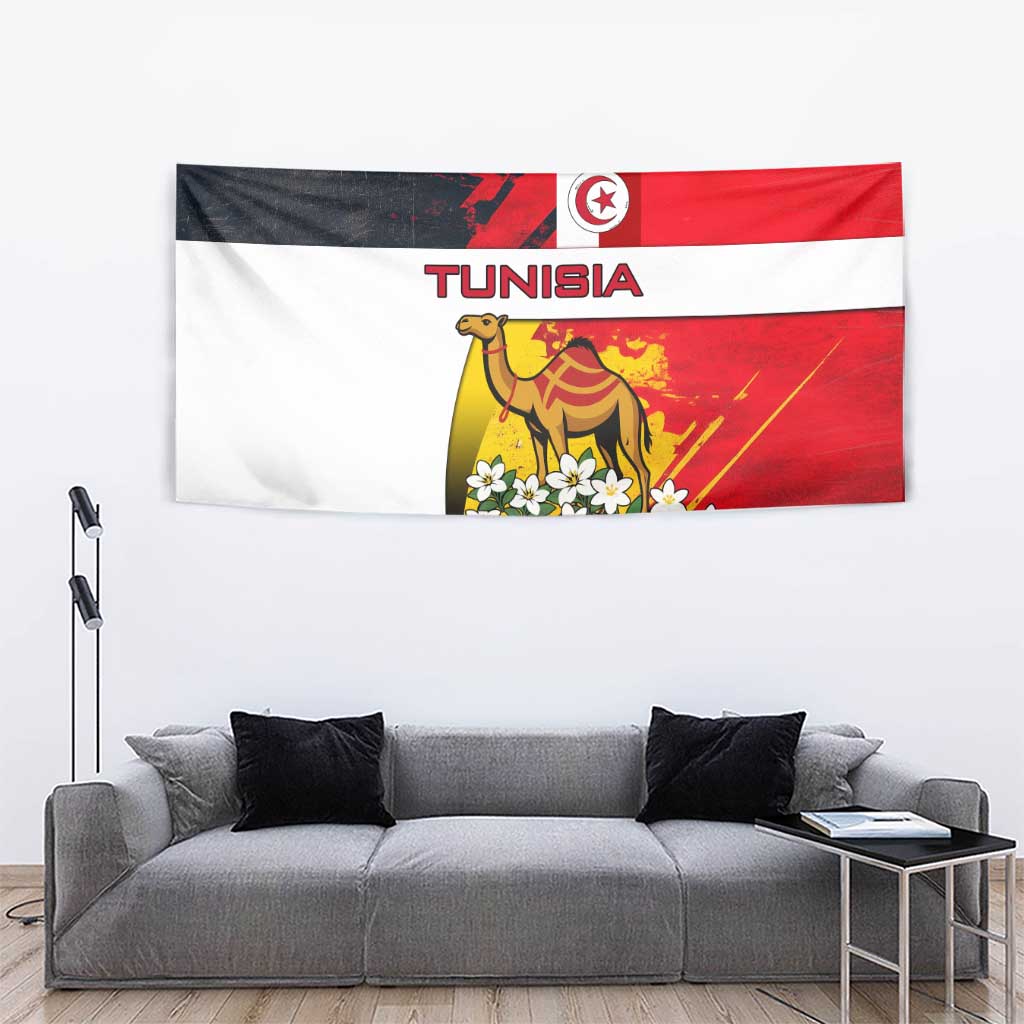 Tunisia Tapestry with Camel, Jasmine Flowers, and National Flag Design