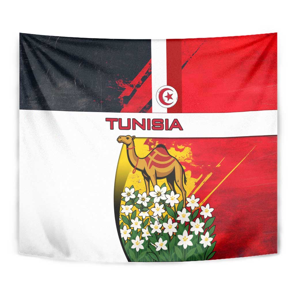 Tunisia Tapestry with Camel, Jasmine Flowers, and National Flag Design