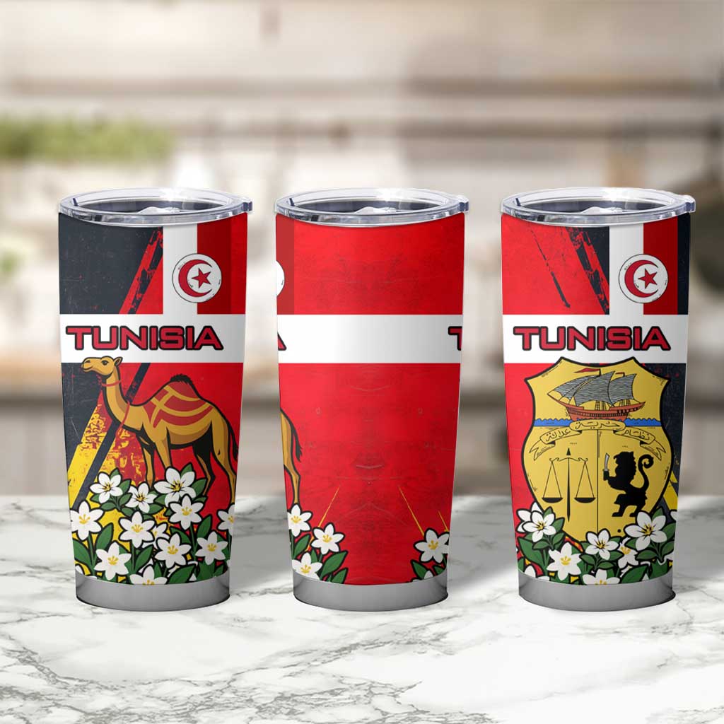 Tunisia Tumbler Cup with Camel, Jasmine Flowers, and National Flag Design