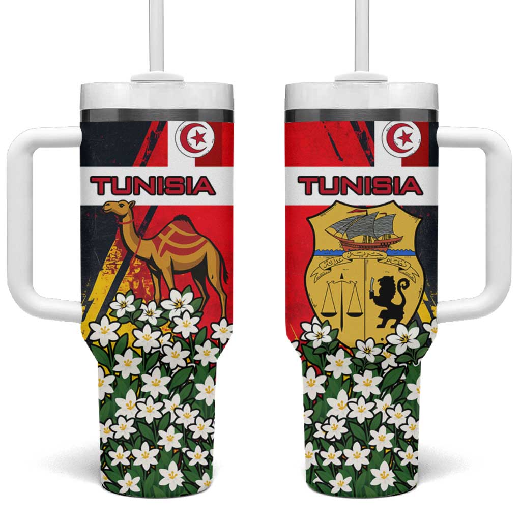 Tunisia Tumbler With Handle with Camel, Jasmine Flowers, and National Flag Design