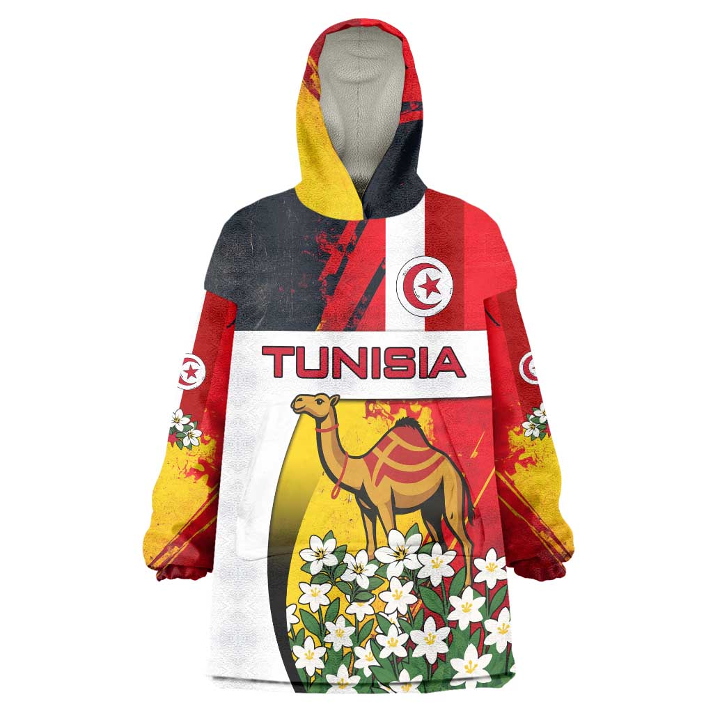 Tunisia Wearable Blanket Hoodie with Camel, Jasmine Flowers, and National Flag Design