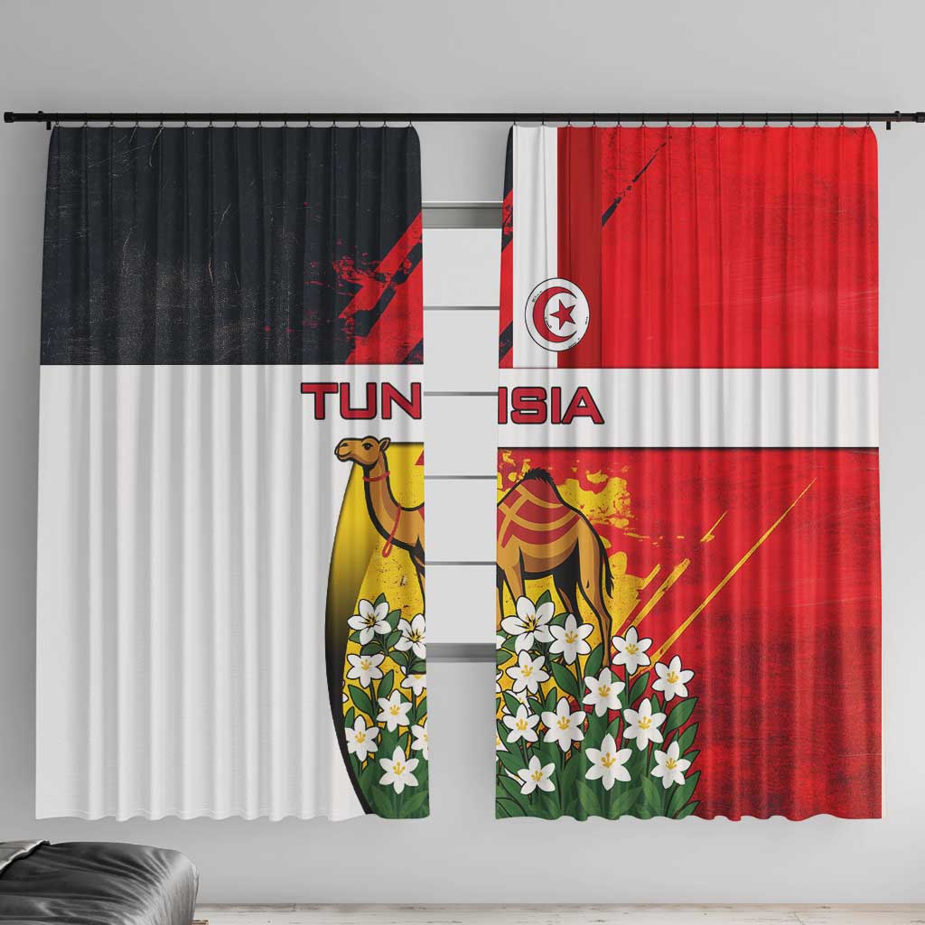 Tunisia Window Curtain with Camel, Jasmine Flowers, and National Flag Design