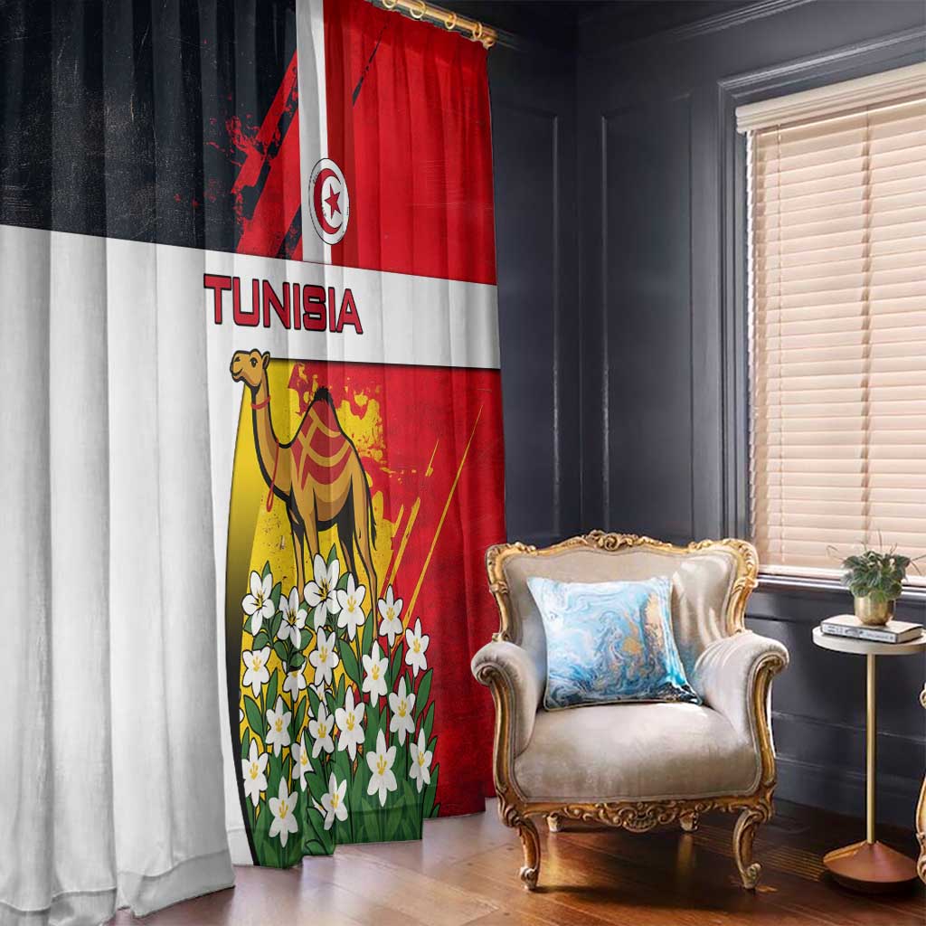 Tunisia Window Curtain with Camel, Jasmine Flowers, and National Flag Design