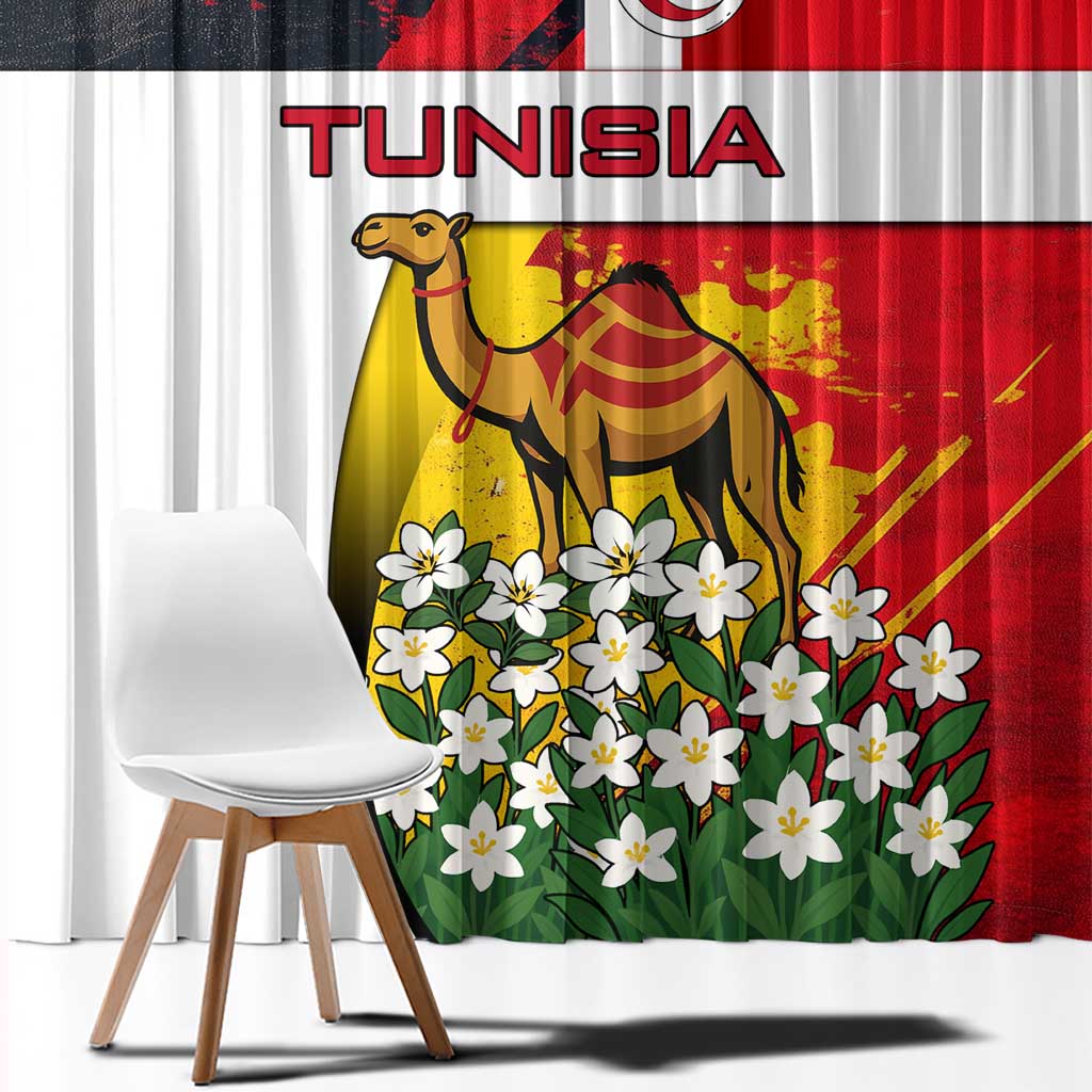 Tunisia Window Curtain with Camel, Jasmine Flowers, and National Flag Design