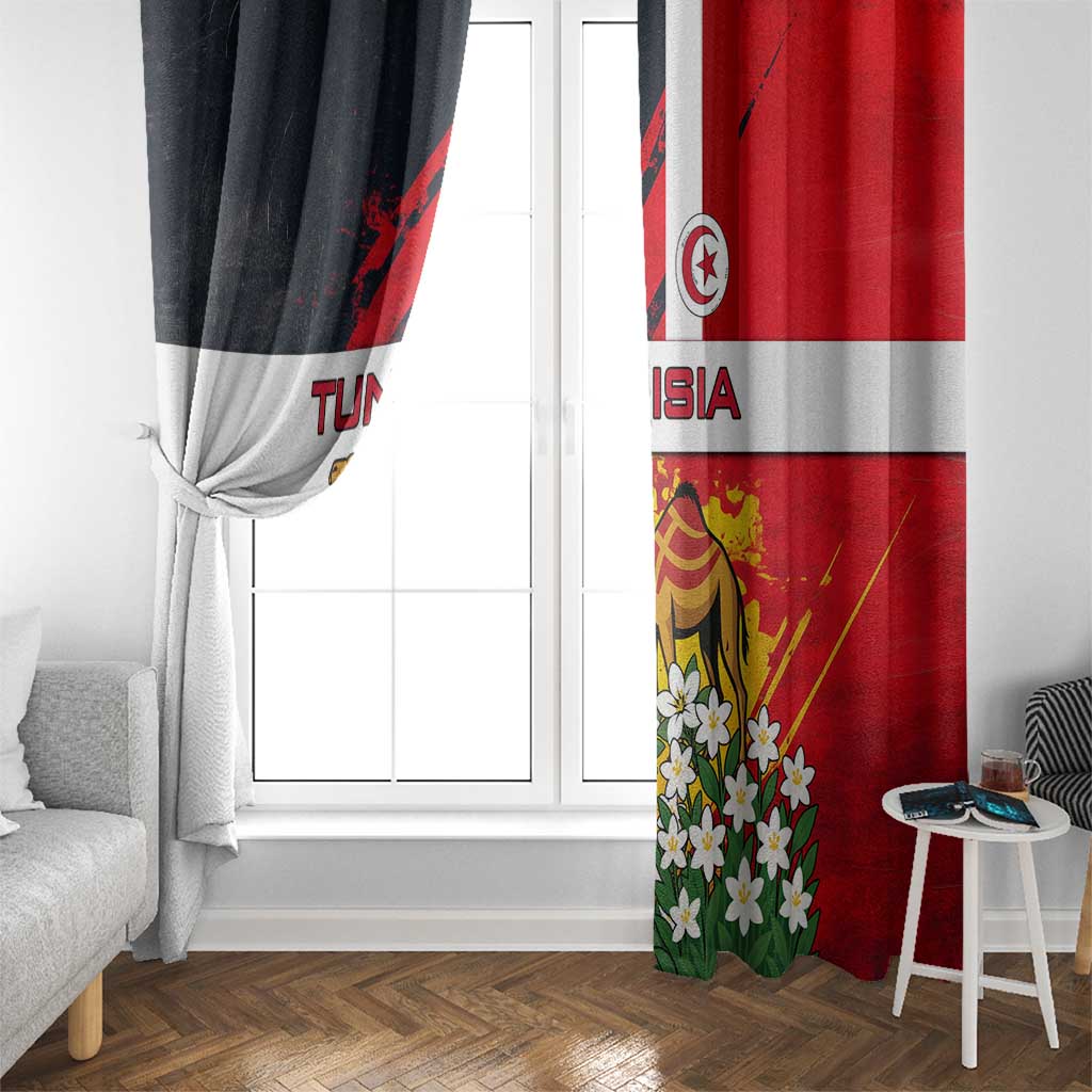 Tunisia Window Curtain with Camel, Jasmine Flowers, and National Flag Design