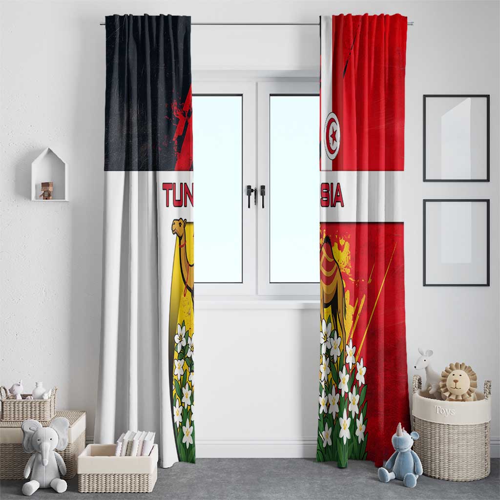 Tunisia Window Curtain with Camel, Jasmine Flowers, and National Flag Design