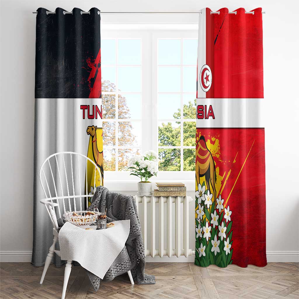 Tunisia Window Curtain with Camel, Jasmine Flowers, and National Flag Design