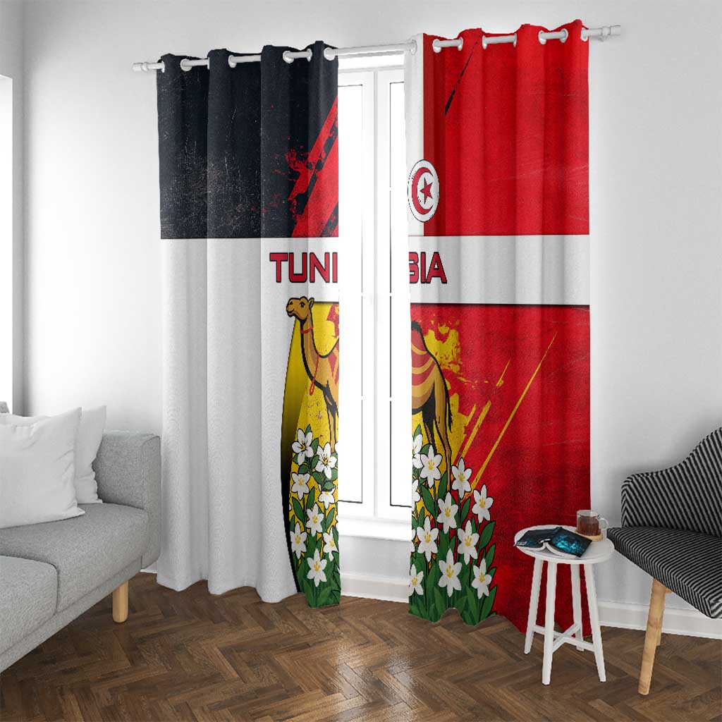 Tunisia Window Curtain with Camel, Jasmine Flowers, and National Flag Design
