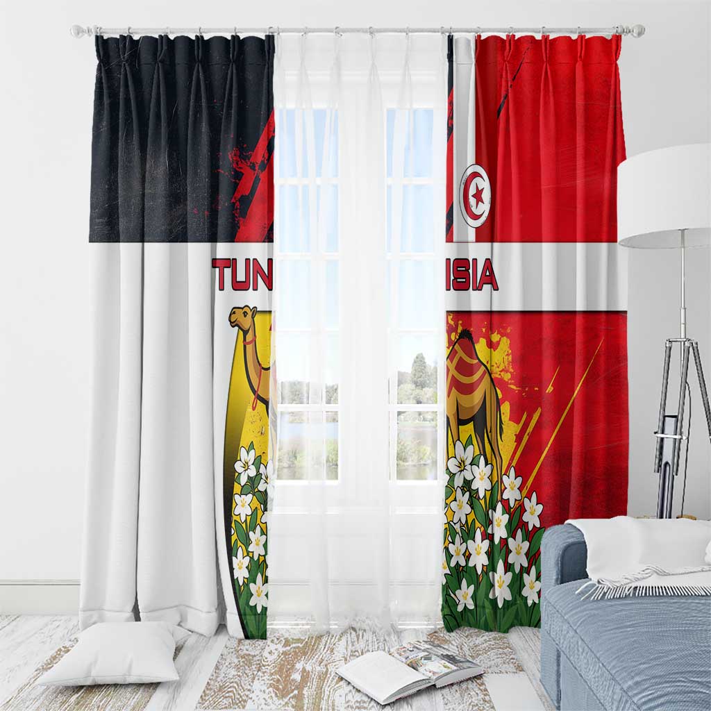 Tunisia Window Curtain with Camel, Jasmine Flowers, and National Flag Design